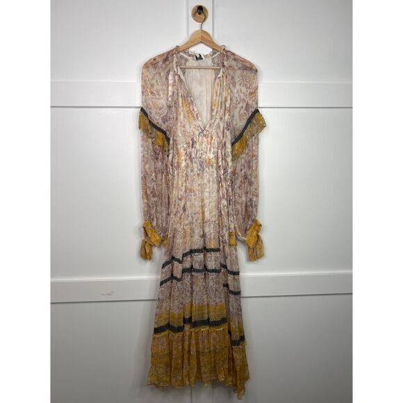 NWT Hemant and Nandita White Silver Gold Chiffon Lurex Floral Boho Midi Dress - Picture 2 of 9